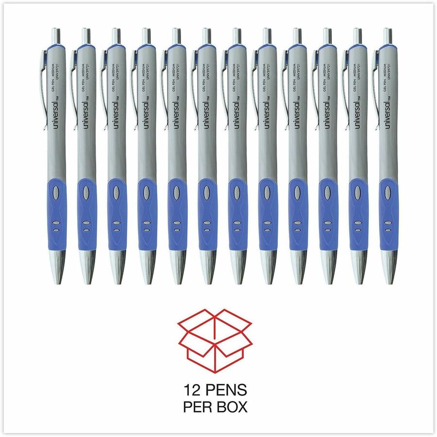 Universal Comfort Grip Gel Pen - 0.7 mm Medium Conical Pen Point - Retractable - Blue Ink - Water Based - Gray, Blue, Silver Barrel - 1 Dozen