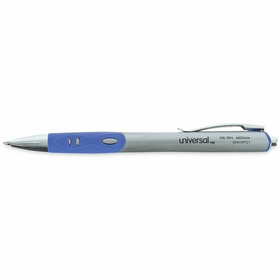 Universal Comfort Grip Gel Pen - 0.7 mm Medium Conical Pen Point - Retractable - Blue Ink - Water Based - Gray, Blue, Silver Barrel - 1 Dozen