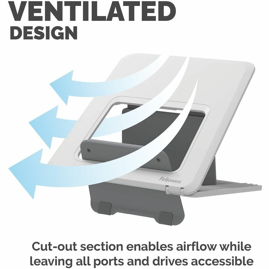 Fellowes Breyta Laptop Stand 9-1/4"W x 10-1/2"D x 1/2"H White - Up to 14" Screen Support - 8.80 lb Load Capacity - 0.50" Height x 9.20" Width x 10.50" Depth - White - For Notebook - Adjustable Height, Ergonomic, Adjustable, Compact, Lightweight, Portable
