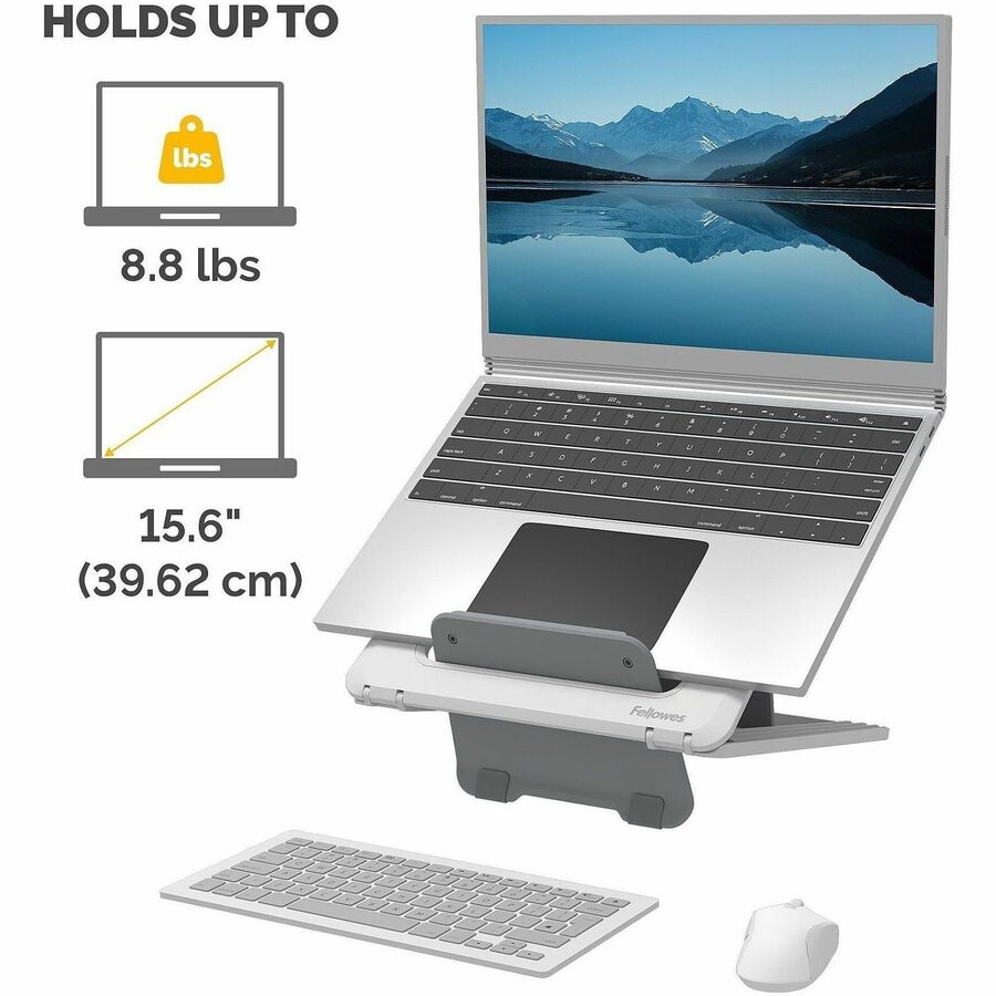 Fellowes Breyta Laptop Stand 9-1/4"W x 10-1/2"D x 1/2"H White - Up to 14" Screen Support - 8.80 lb Load Capacity - 0.50" Height x 9.20" Width x 10.50" Depth - White - For Notebook - Adjustable Height, Ergonomic, Adjustable, Compact, Lightweight, Portable