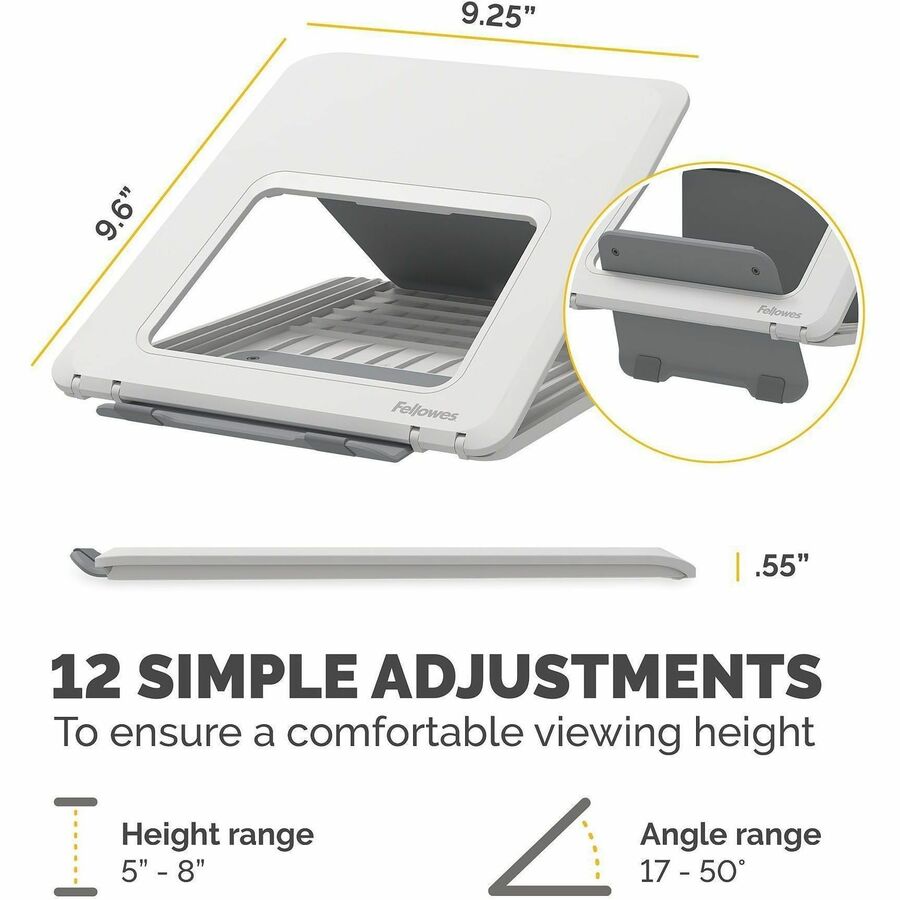 Fellowes Breyta Laptop Stand 9-1/4"W x 10-1/2"D x 1/2"H White - Up to 14" Screen Support - 8.80 lb Load Capacity - 0.50" Height x 9.20" Width x 10.50" Depth - White - For Notebook - Adjustable Height, Ergonomic, Adjustable, Compact, Lightweight, Portable
