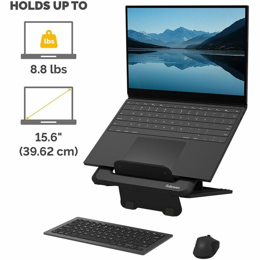 Fellowes Breyta Laptop Stand 9-1/4"W x 10-1/2"D x 1/2"H Black - Up to 14" Screen Support - 8.80 lb Load Capacity - 0.50" Height x 9.25" Width x 10.50" Depth - Black - For Notebook - Adjustable Height, Ergonomic, Compact, Lightweight, Portable, Adjustable