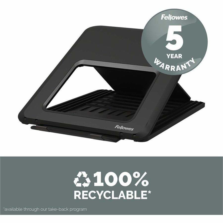 Fellowes Breyta Laptop Stand 9-1/4"W x 10-1/2"D x 1/2"H Black - Up to 14" Screen Support - 8.80 lb Load Capacity - 0.50" Height x 9.25" Width x 10.50" Depth - Black - For Notebook - Adjustable Height, Ergonomic, Compact, Lightweight, Portable, Adjustable