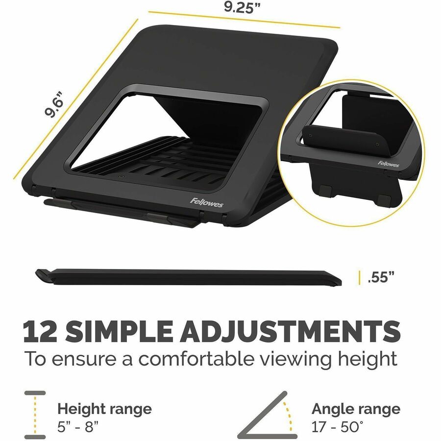 Fellowes Breyta Laptop Stand 9-1/4"W x 10-1/2"D x 1/2"H Black - Up to 14" Screen Support - 8.80 lb Load Capacity - 0.50" Height x 9.25" Width x 10.50" Depth - Black - For Notebook - Adjustable Height, Ergonomic, Compact, Lightweight, Portable, Adjustable