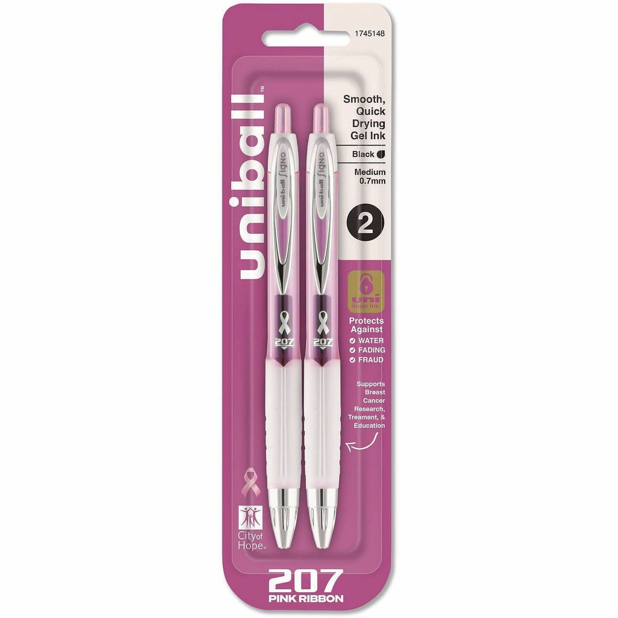 uni&reg; 207 Pink Ribbon Gel Pen - 0.7 mm Medium Pen Point - Refillable - Retractable - Black Ink - Pigment-based, Liquid Gel Ink - Pink Barrel - Writing - 2 / Pack