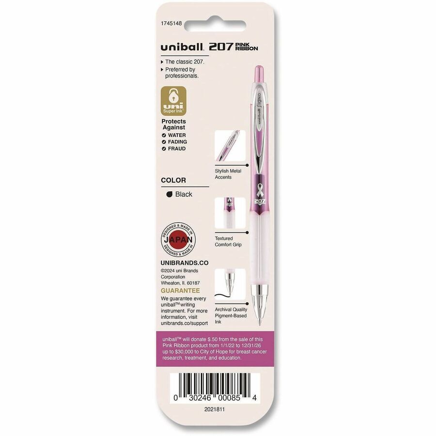 uni&reg; 207 Pink Ribbon Gel Pen - 0.7 mm Medium Pen Point - Refillable - Retractable - Black Ink - Pigment-based, Liquid Gel Ink - Pink Barrel - Writing - 2 / Pack