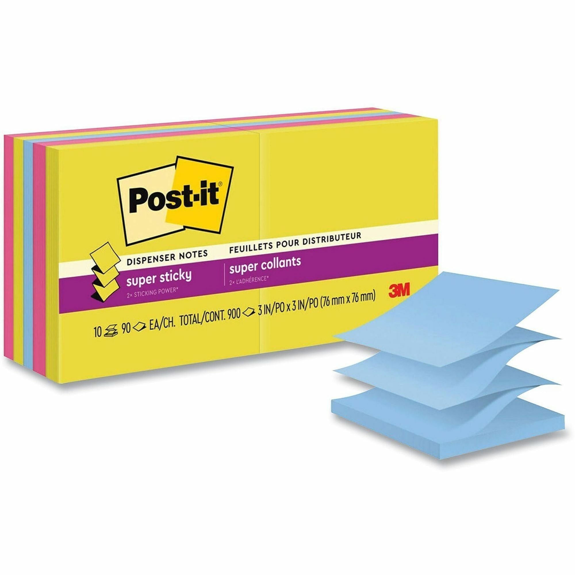 Post-it&reg; Super Sticky Pop-up Notes R330-10SSJOY, 3 in x 3 in (76 mm x 76 mm) - 900 - 3" Flag/Note Width x 3" Flag/Note Length - Rectangle - 90 Sheets per Pad - Unruled - Summer Joy - Super Sticky, Adhesive, Recyclable - 1 Pack