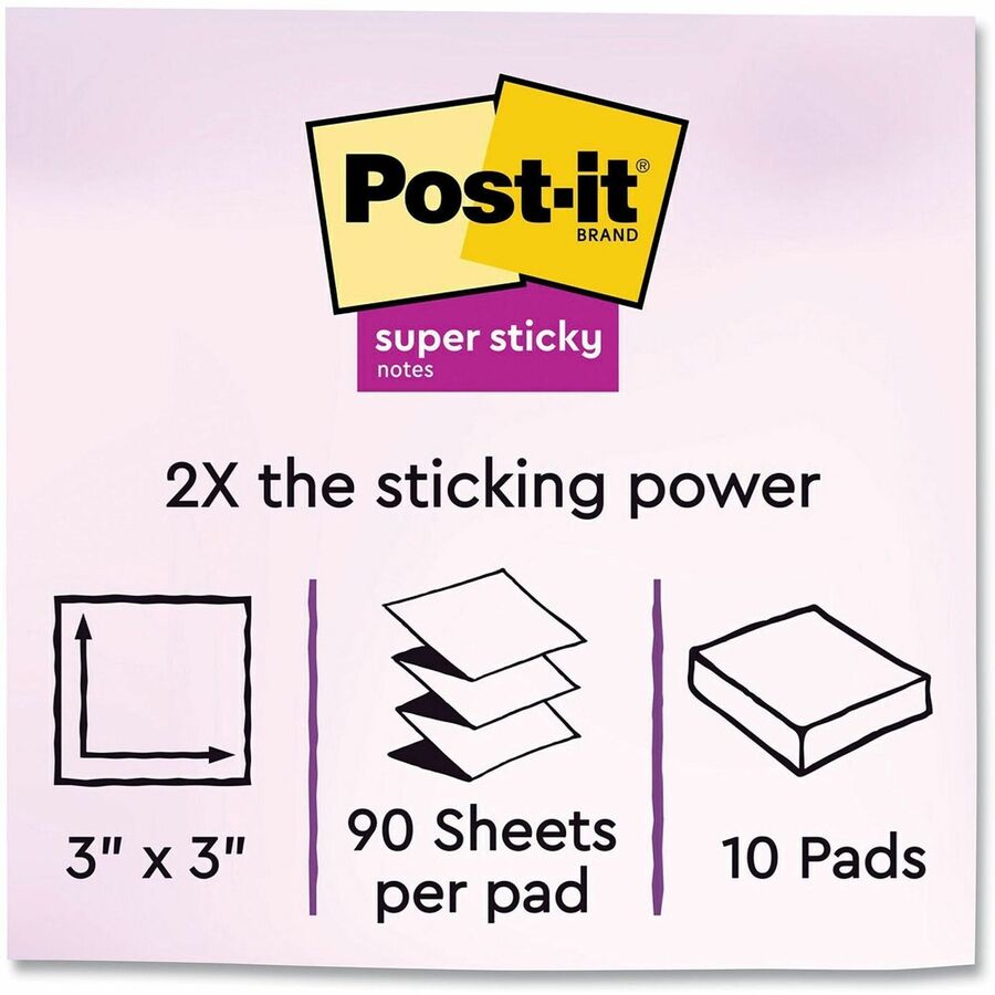Post-it&reg; Super Sticky Pop-up Notes R330-10SSJOY, 3 in x 3 in (76 mm x 76 mm) - 900 - 3" Flag/Note Width x 3" Flag/Note Length - Rectangle - 90 Sheets per Pad - Unruled - Summer Joy - Super Sticky, Adhesive, Recyclable - 1 Pack