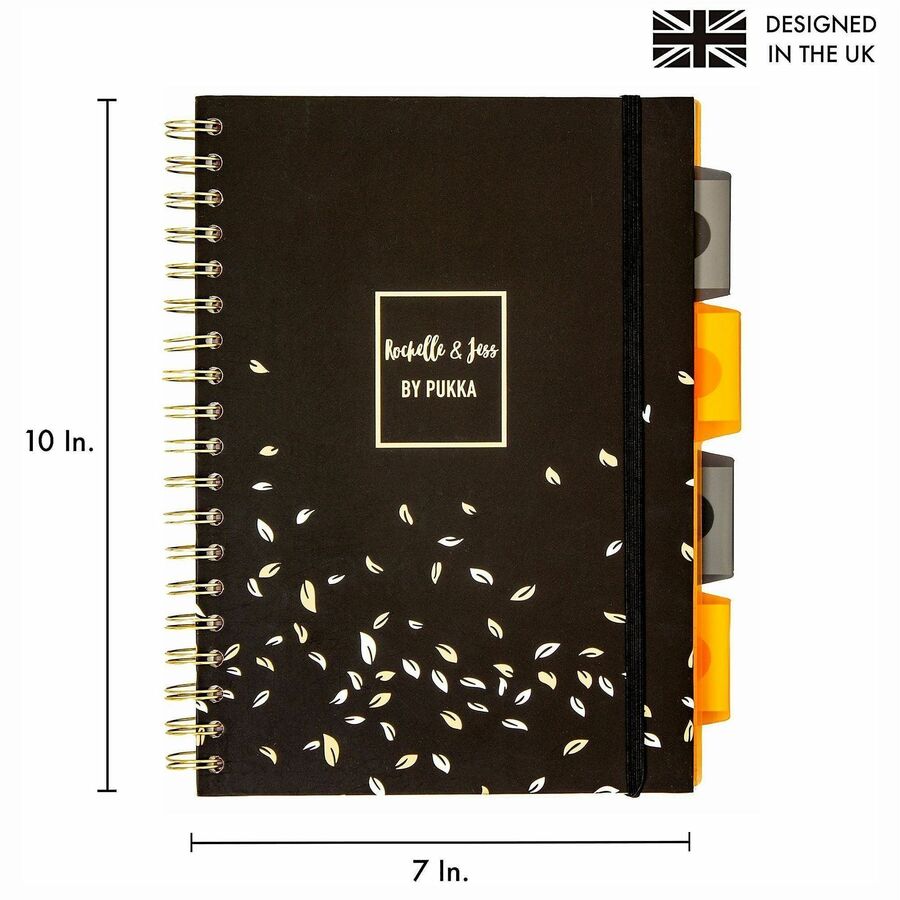 Pukka Pads Rochelle & Jess Notebook - 200 Pages - Twin Wirebound - 80 g/m² Grammage - 1.30" Height x 7.9" Width x 9.8" Depth - Gold Binding - Pink, Lilac, Black Cover - Elastic Closure, Repositionable Divider, Hard Cover, Micro Perforated, Recycla...