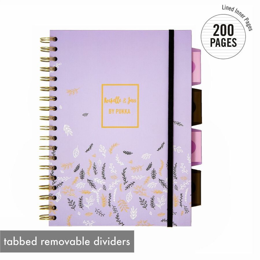 Pukka Pads Rochelle & Jess Notebook - 200 Pages - Twin Wirebound - 80 g/m² Grammage - 1.30" Height x 7.9" Width x 9.8" Depth - Gold Binding - Pink, Lilac, Black Cover - Elastic Closure, Repositionable Divider, Hard Cover, Micro Perforated, Recycla...