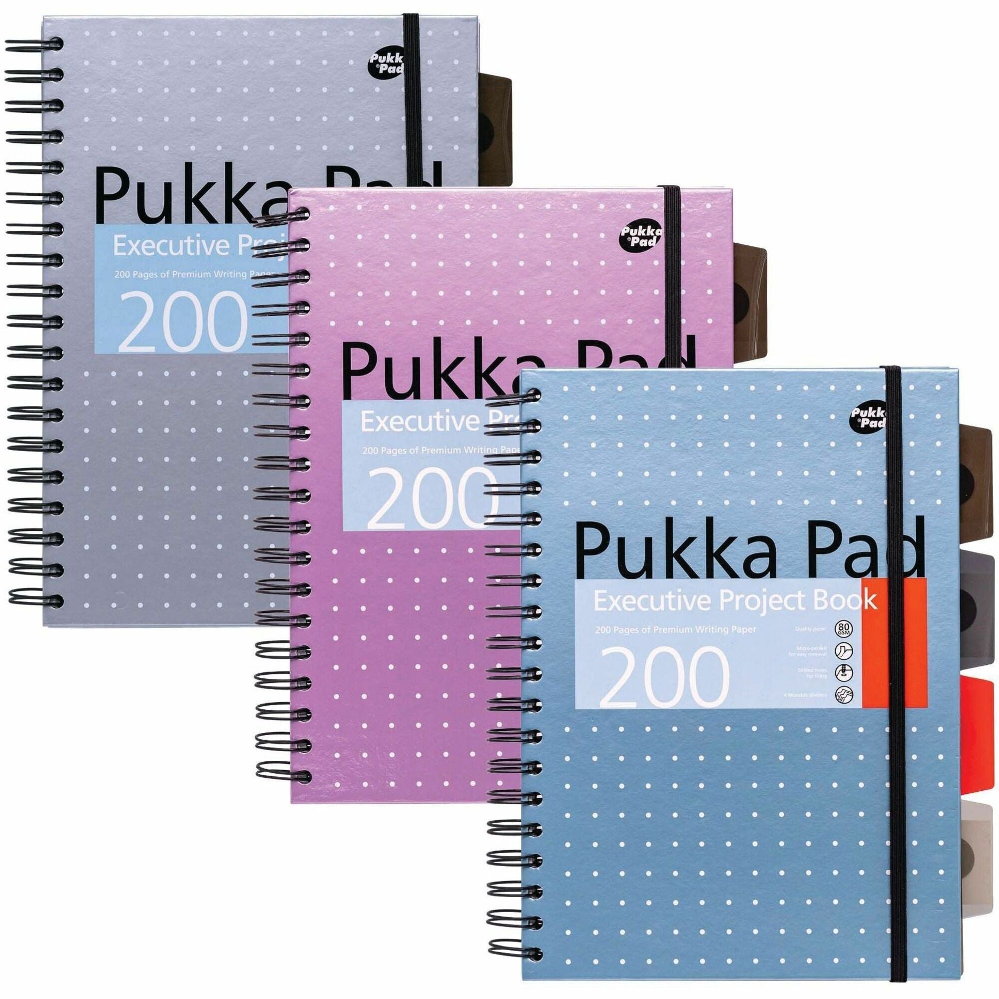 Pukka Pads B5 Metallic Executive Project Books - 200 Pages - Printed - Twin Wirebound - Ruled Front Ruling - 80 g/m² Grammage - B5 - 7" x 10" Sheet Size - Blue, Purple, Silver Cover - Hard Cover, World Map, Repositionable Divider, Storage Pocket -...