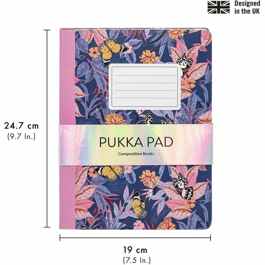Pukka Pads Bloom Composition Book 3 Pack - 70 Sheets - 140 Pages - Printed - Stitched - 80 g/m² Grammage - 9.70" Height x 7.5" Width - Assorted Cover - 3 / Pack