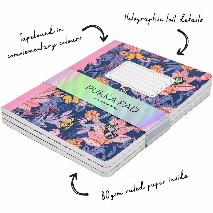 Pukka Pads Bloom Composition Book 3 Pack - 70 Sheets - 140 Pages - Printed - Stitched - 80 g/m² Grammage - 9.70" Height x 7.5" Width - Assorted Cover - 3 / Pack