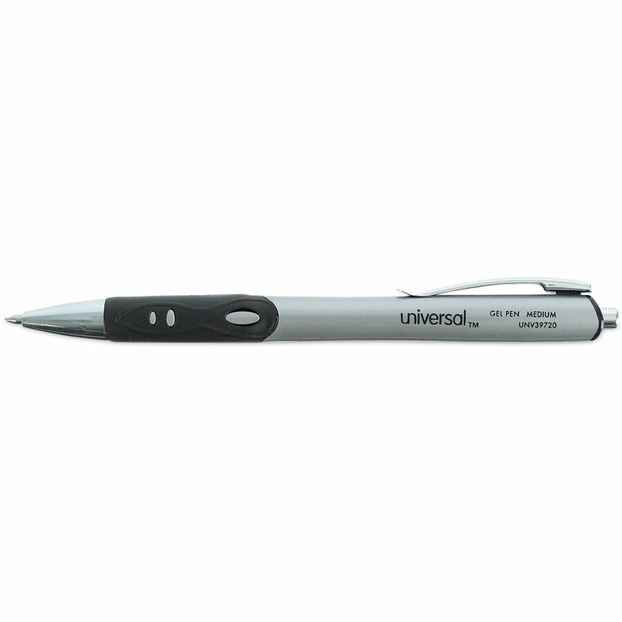 Universal Comfort Grip Gel Pen - 0.7 mm Medium Conical Pen Point - Retractable - Black Ink - Water Based - Gray, Black, Silver Barrel - 1 Dozen
