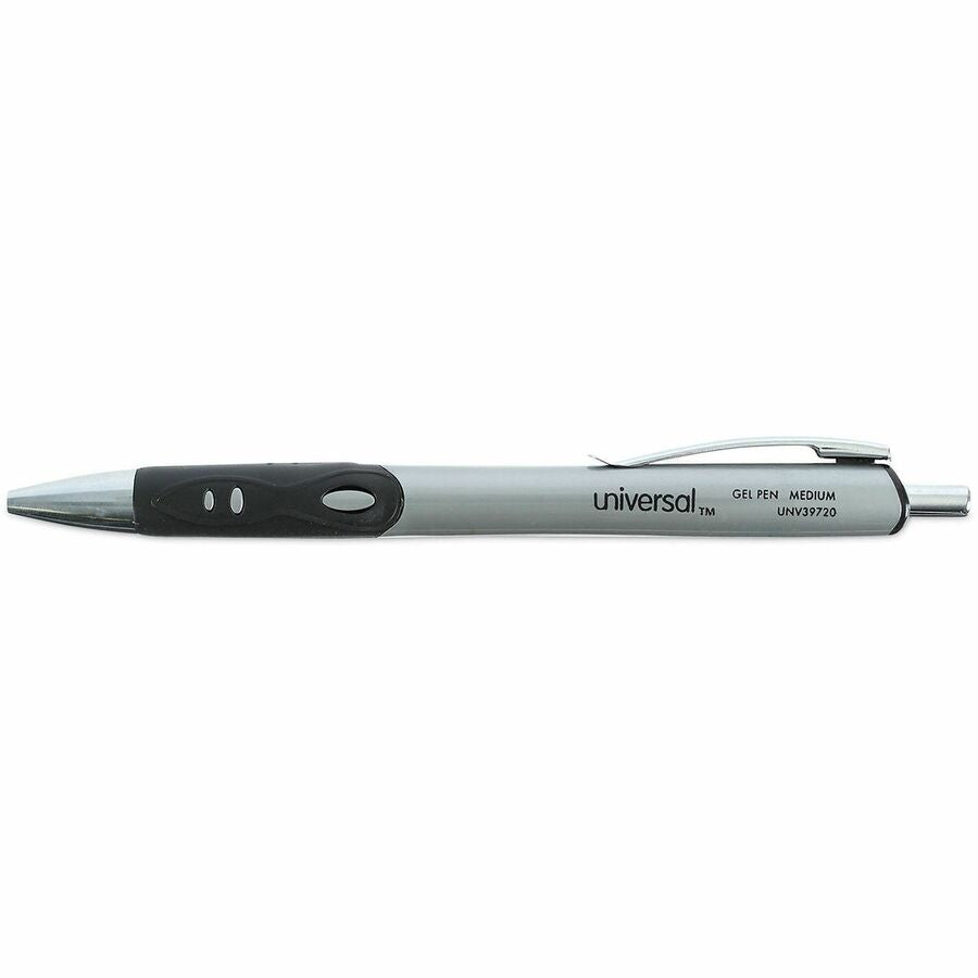 Universal Comfort Grip Gel Pen - 0.7 mm Medium Conical Pen Point - Retractable - Black Ink - Water Based - Gray, Black, Silver Barrel - 1 Dozen