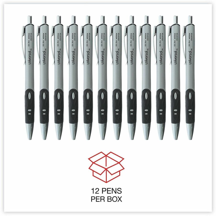 Universal Comfort Grip Gel Pen - 0.7 mm Medium Conical Pen Point - Retractable - Black Ink - Water Based - Gray, Black, Silver Barrel - 1 Dozen