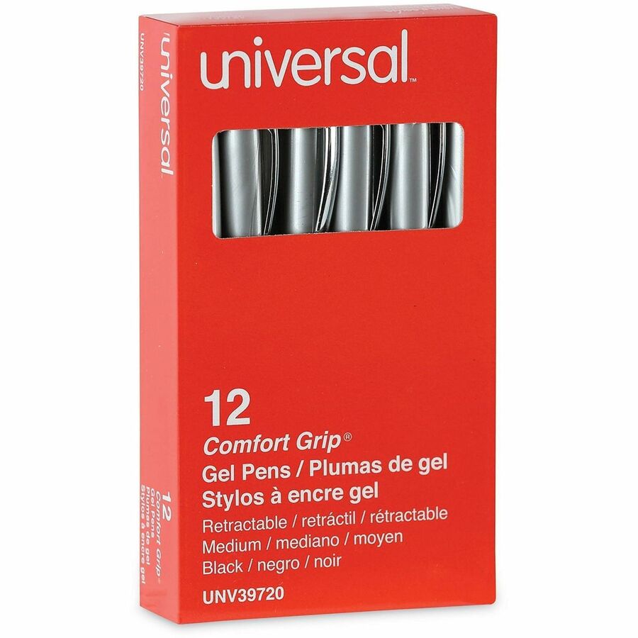 Universal Comfort Grip Gel Pen - 0.7 mm Medium Conical Pen Point - Retractable - Black Ink - Water Based - Gray, Black, Silver Barrel - 1 Dozen
