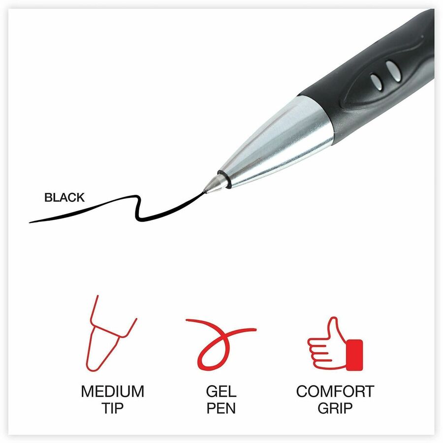 Universal Comfort Grip Gel Pen - 0.7 mm Medium Conical Pen Point - Retractable - Black Ink - Water Based - Gray, Black, Silver Barrel - 1 Dozen