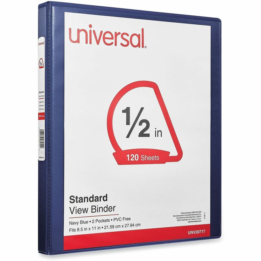 Universal Slant D-Ring View Binder, 3 Rings, 0.5" Capacity, 11 x 8.5, Navy Blue - 1/2" Binder Capacity - Letter - 8 1/2" x 11" Sheet Size - 120 Sheet Capacity - 3 Ring(s) - Fastener(s): Ring - Pocket(s): 2, Inside Front & Back - Polypropylene - Navy Bl...