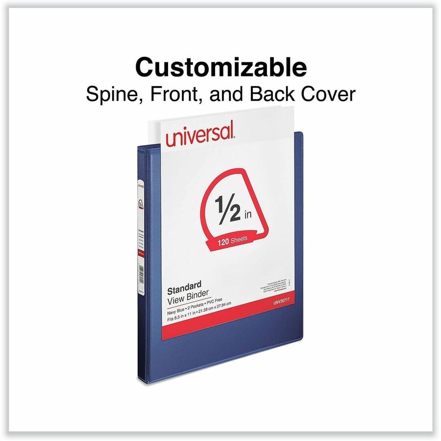 Universal Slant D-Ring View Binder, 3 Rings, 0.5" Capacity, 11 x 8.5, Navy Blue - 1/2" Binder Capacity - Letter - 8 1/2" x 11" Sheet Size - 120 Sheet Capacity - 3 Ring(s) - Fastener(s): Ring - Pocket(s): 2, Inside Front & Back - Polypropylene - Navy Bl...