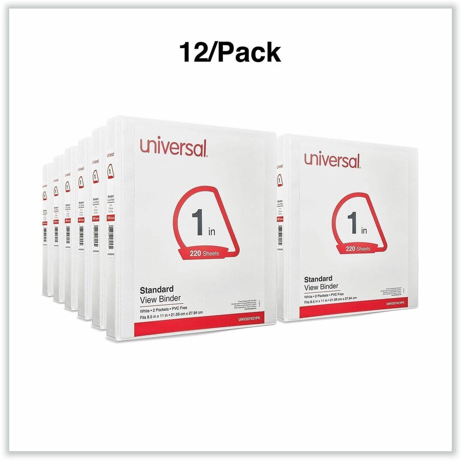 Universal Slant D-Ring View Binder, 3 Rings, 1" Capacity, 11 x 8.5, White, 12/Carton - 1" Binder Capacity - Letter - 8 1/2" x 11" Sheet Size - 220 Sheet Capacity - 3 Ring(s) - Fastener(s): Ring - Pocket(s): 2, Inside Front & Back - Polypropylene - Whit...