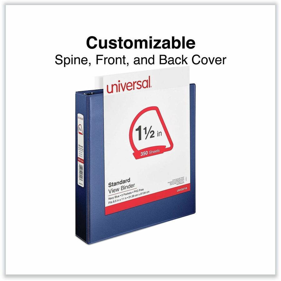 Universal Slant D-Ring View Binder, 3 Rings, 1.5" Capacity, 11 x 8.5, Navy Blue - 1 1/2" Binder Capacity - Letter - 8 1/2" x 11" Sheet Size - 350 Sheet Capacity - 3 Ring(s) - Fastener(s): Ring - Pocket(s): 2, Inside Front & Back - Polypropylene - Navy ...