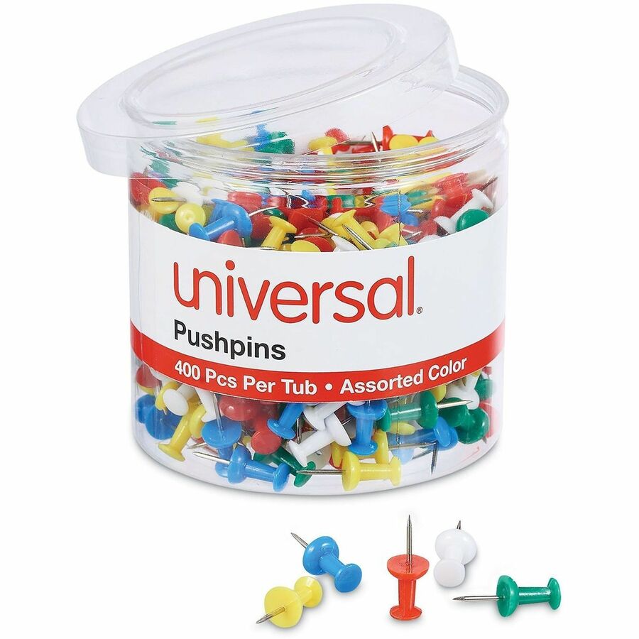 Universal Colored Push Pins, Plastic, Assorted, 0.38" , 400/Pack - 0.38" Shank - 0.25" Head - Assorted, Blue, Green, Red, White, Yellow - Plastic, Steel - 400 / Pack