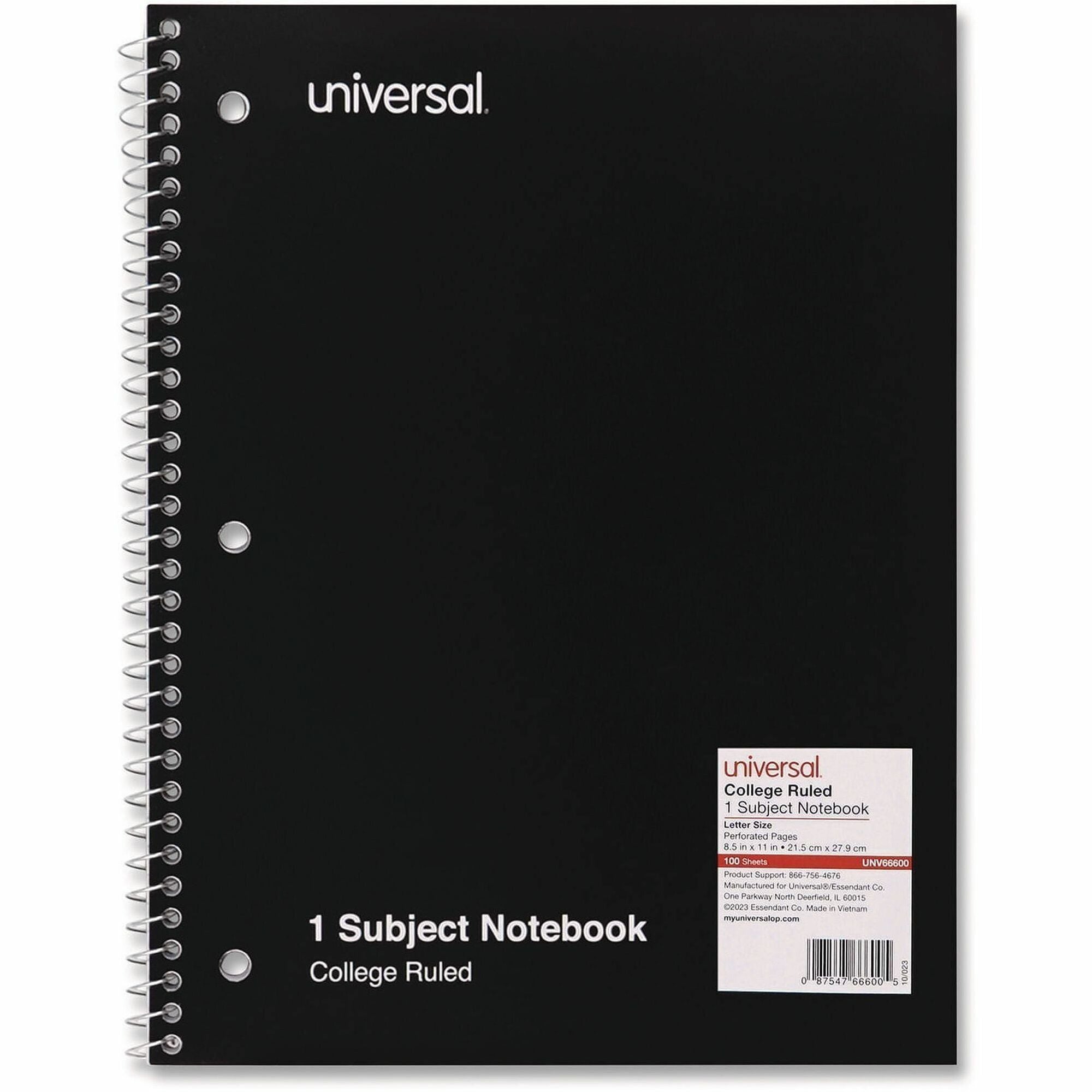 Universal Notebook - 1 Subject(s) - 100 Sheets - Spiral - College Ruled, Medium Ruled Front Ruling - Letter - 11" x 8 1/2" Sheet Size - Black Paperboard Cover