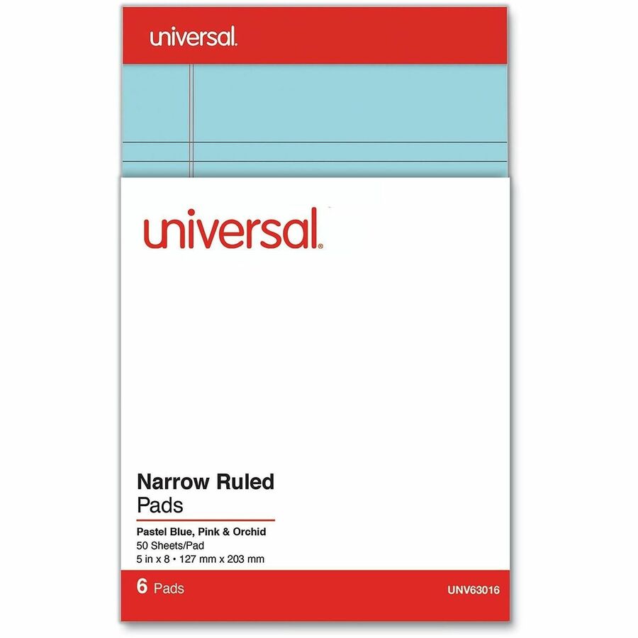 Universal Notepad - 1 Subject(s) - Tape Bound - Narrow Ruled Margin - 5" x 8" Sheet Size x 8" Length - Assorted Pastel Paper - Paperboard Cover - 6 / Pack