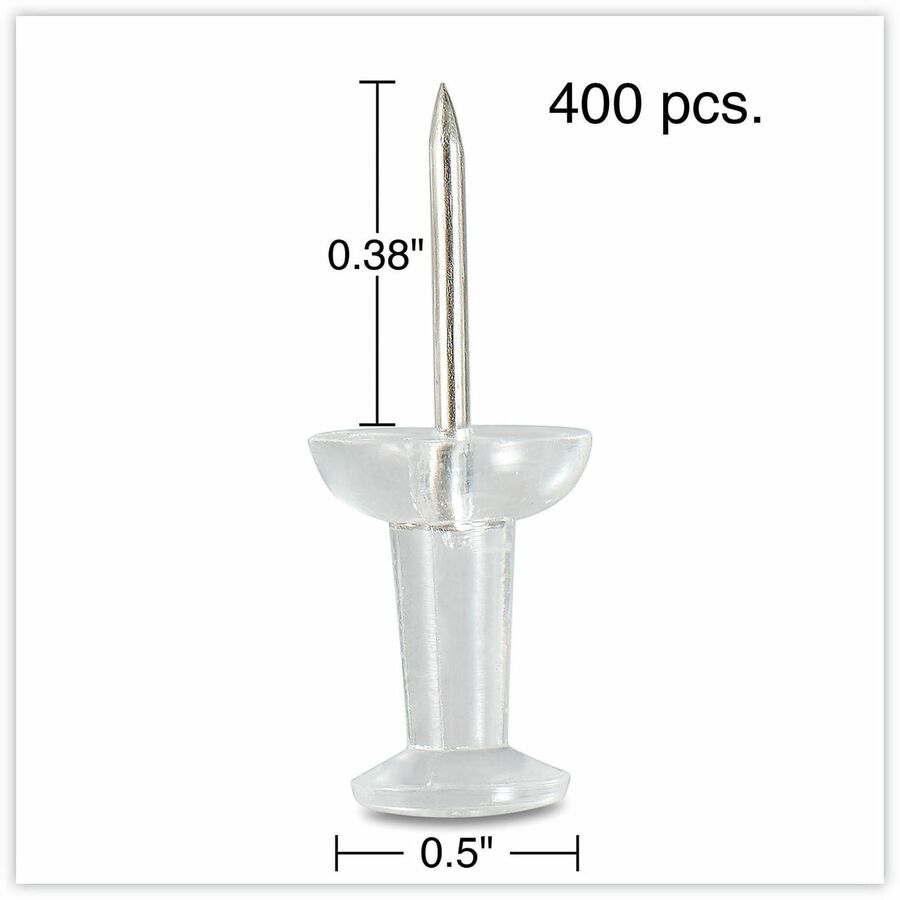 Universal Clear Push Pins, Plastic, Clear, 0.38" , 400/Pack - 0.38" Shank - 0.25" Head - Clear - Plastic, Steel - 400 / Pack