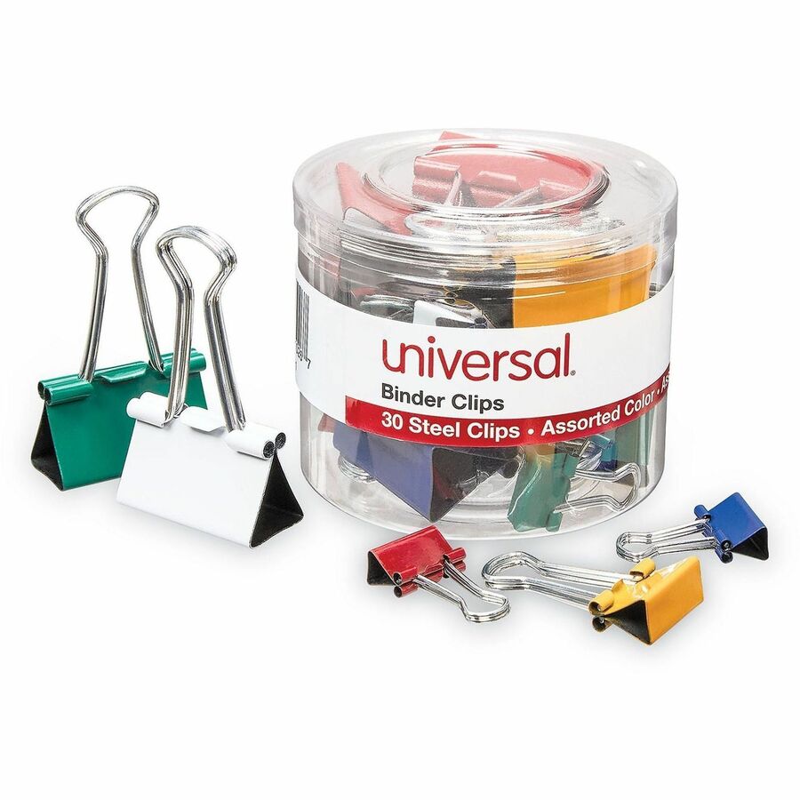 Universal Binder Clip - Assorted Sizes - 0.25" , 0.38" , 0.63" Size Capacity - Assorted, Blue, Green, Red, Gold, White - Metal, Steel Wire - 30 / Pack