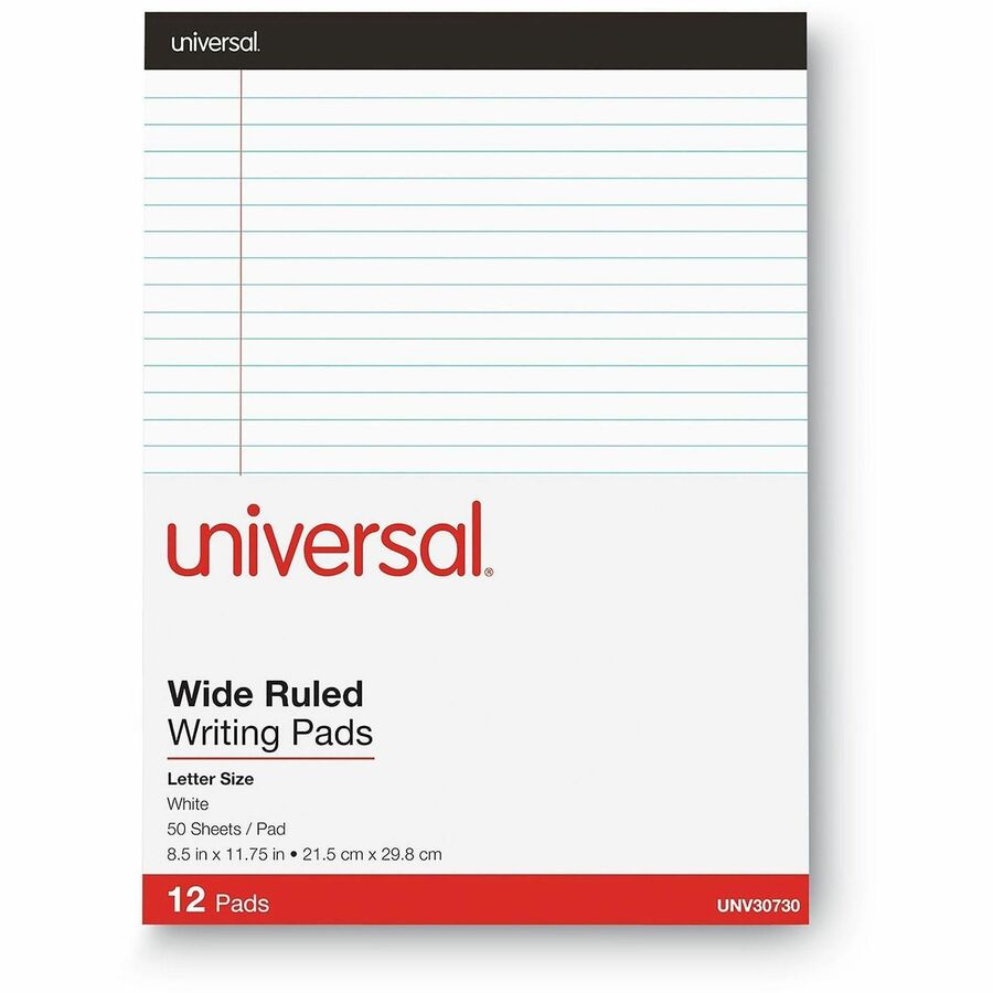 Universal Notepad - 1 Subject(s) - Glued - Legal Ruled Margin - 8 1/2" x 11" Sheet Size x 11.8" Length - White Paper - Chipboard Cover - 12 / Pack