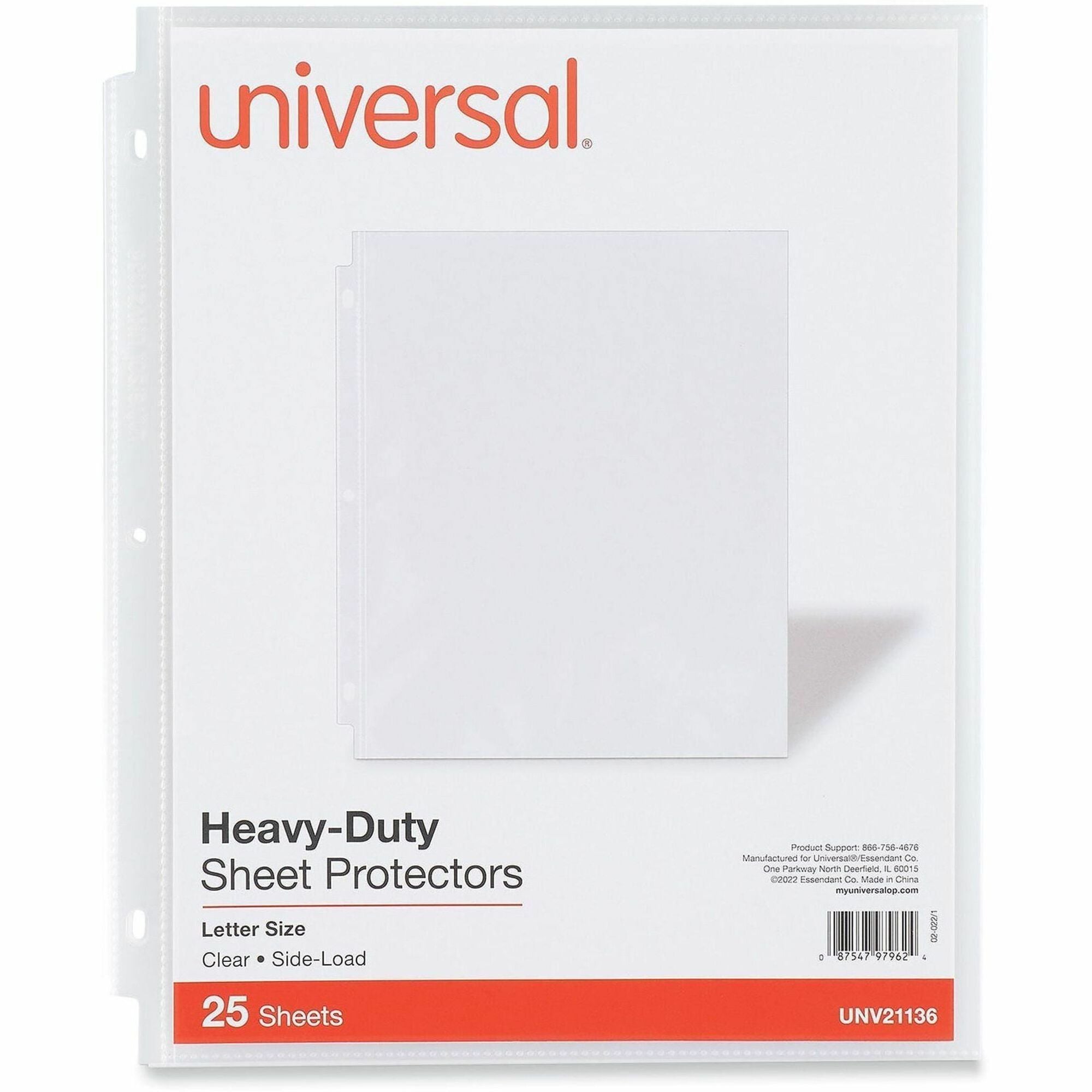 Universal Sheet Protector - 0.3" Height x 9.4" Width x 11.4" Length - 29 x Sheet Capacity - For Letter 8 1/2" x 11" Sheet - 3 x Holes - Ring Binder - Side Loading - Clear - Polypropylene, Poly - 25 / Pack