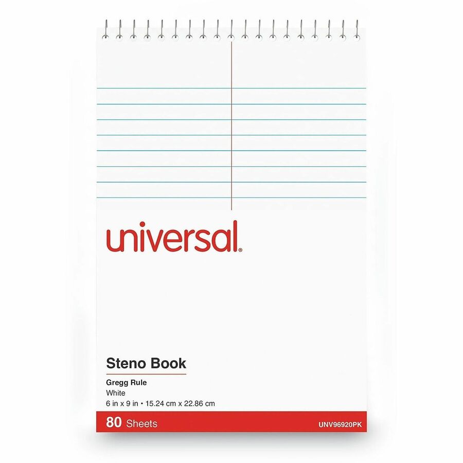 Universal Steno Pads, Gregg Rule, Red Cover, 80 White 6 x 9 Sheets, 6/Pack - 1 Subject(s) - Spiral - Gregg Ruled Margin - 6" x 9" Sheet Size x 9" Length - White Paper - Red Chipboard Cover - 6 / Pack