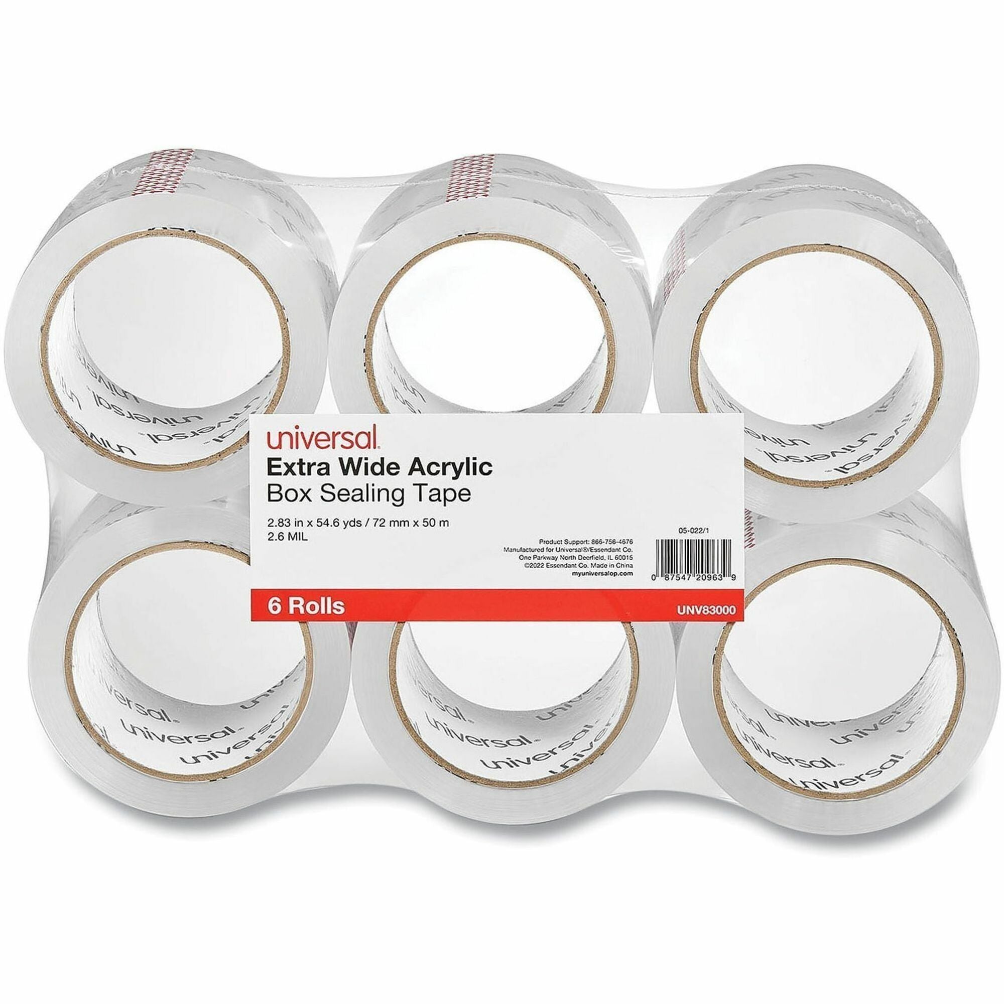 Universal Packaging Tape - 54.70 yd Length x 2.83" Width x 2.6 mil Thickness - 3" Core - Clear - Acrylic - 6 / Pack