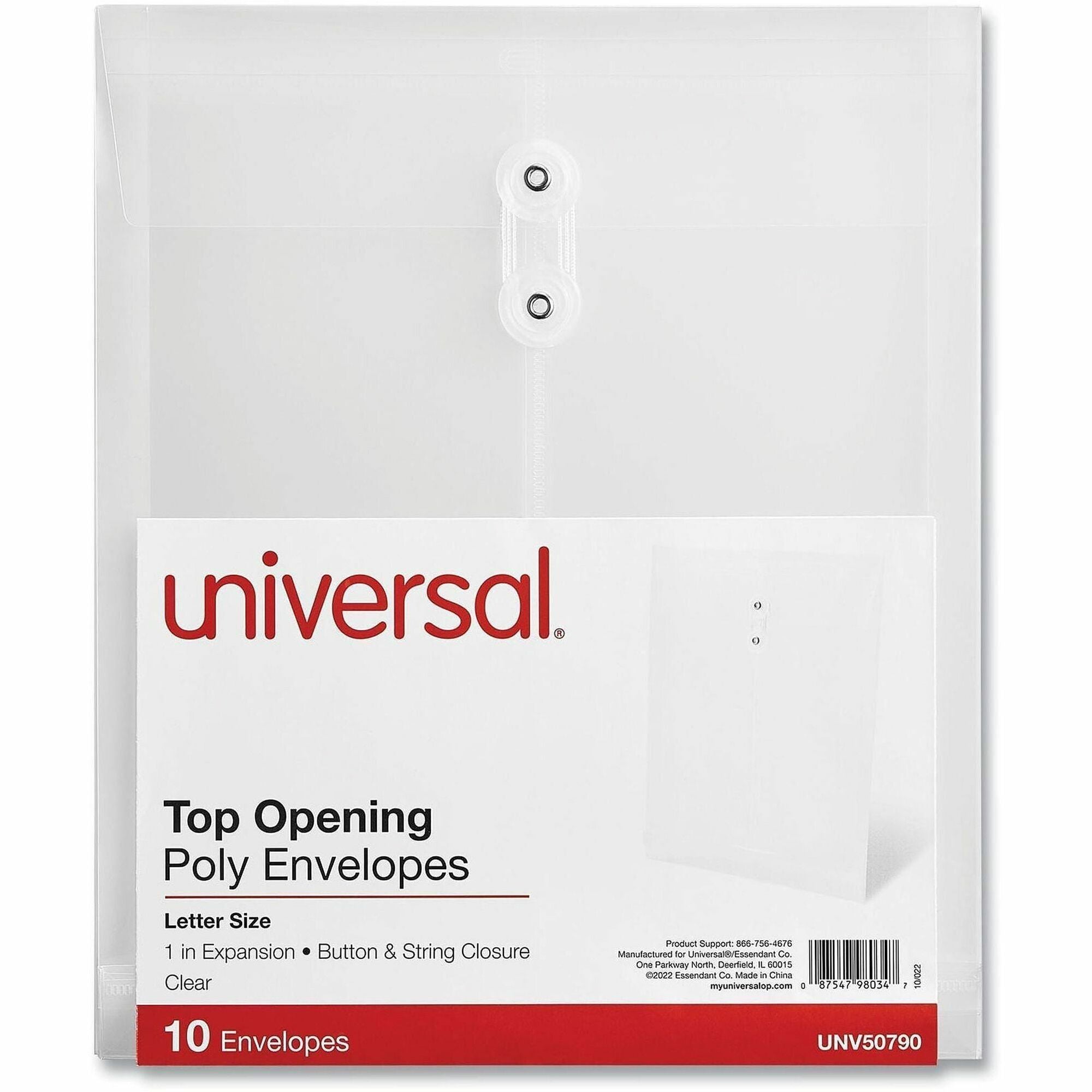 Universal Top Opening Poly Envelopes, 1.25" Expansion, Letter Size, Clear, 10/Pack - File - Letter - 9 49/64" Width x 11 47/64" Length - String/Button - Clear - Plastic, Polypropylene - 10 / Pack