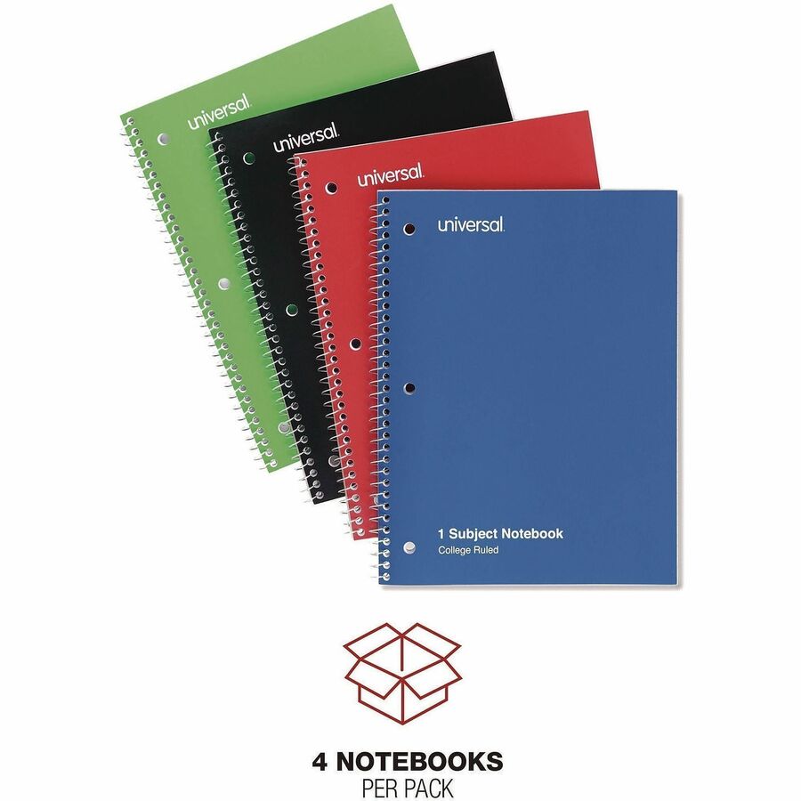 Universal Notebook - 1 Subject(s) - 70 Sheets - Spiral - College Ruled, Medium Ruled Front Ruling - 10 1/2" x 8" Sheet Size - White Paper - Assorted Paperboard Cover - 4 / Pack