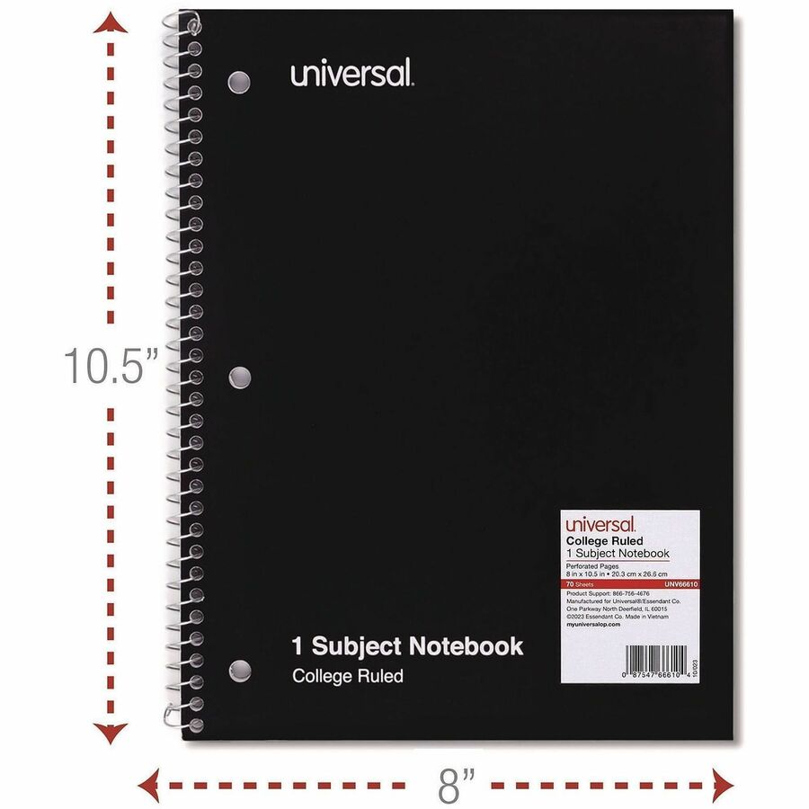 Universal Notebook - 1 Subject(s) - Spiral - College Ruled Front Ruling - 3 Hole(s) - 10 1/2" x 8" Sheet Size - White Paper - Black Paperboard Cover