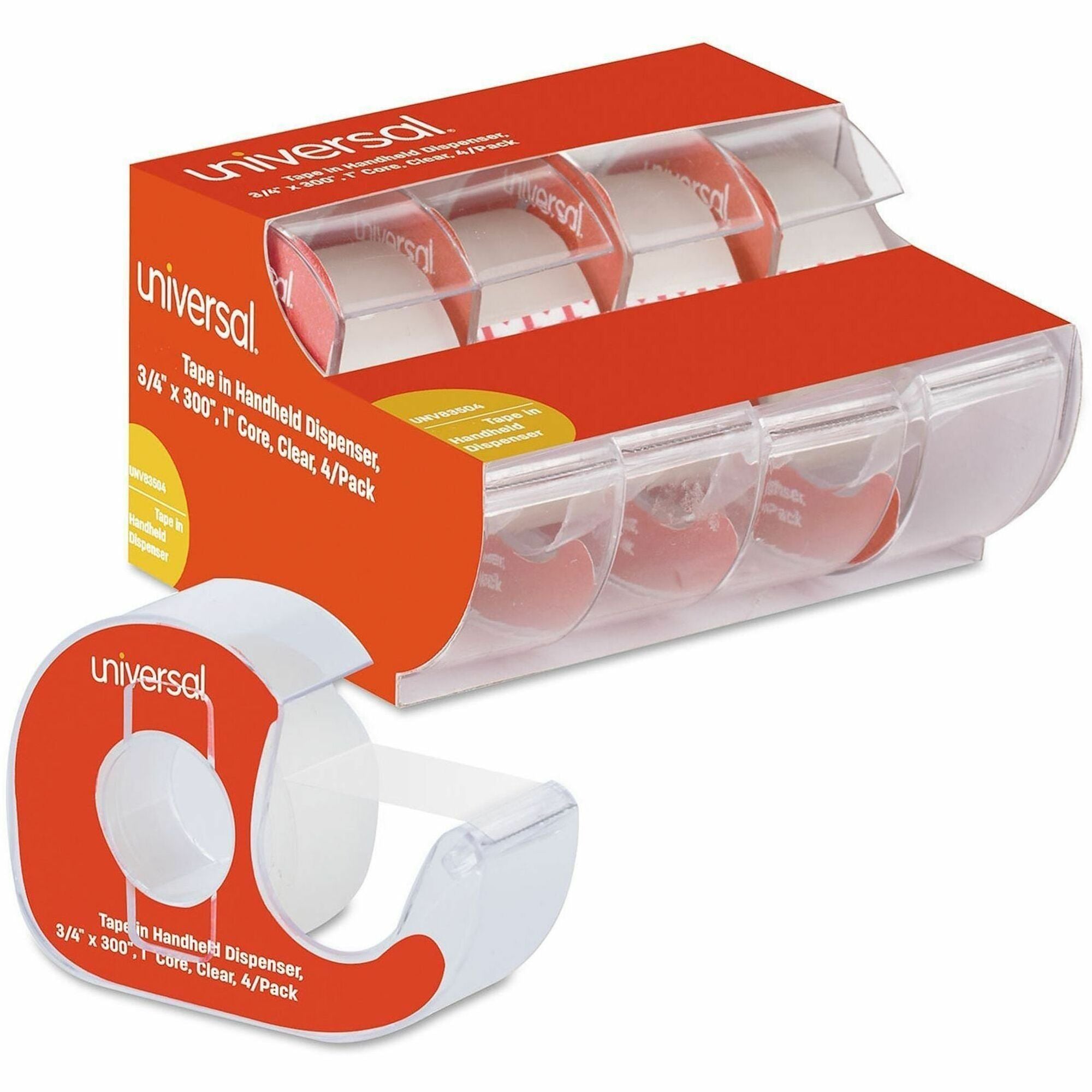 Universal Invisible Tape with Handheld Dispenser, 1" Core, 0.75" x 25 ft, Clear, 4/Pack - 25 ft Length x 0.75" Width x 2 mil Thickness - 1" Core - Matte - Clear - Acrylic - Plastic Backing - 4 / Pack