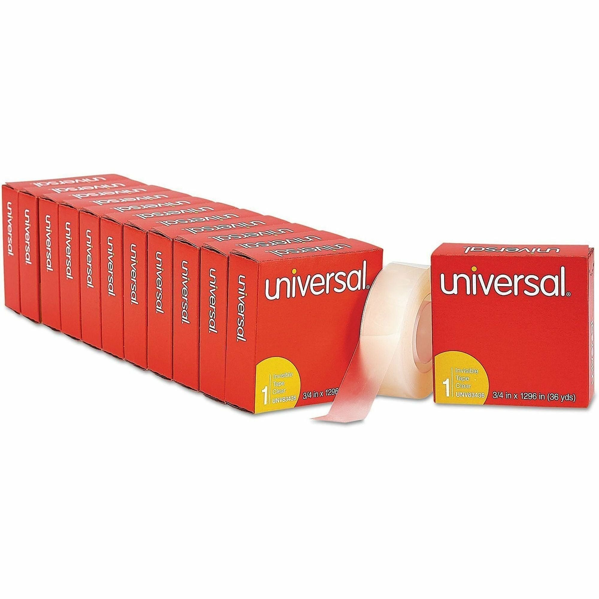 Universal Invisible Tape, 1" Core, 0.75" x 36 yds, Clear, 12/Pack - 36 yd Length x 0.75" Width x 2 mil Thickness - 1" Core - Matte - Clear - Acrylic - Plastic Backing - 12 / Pack