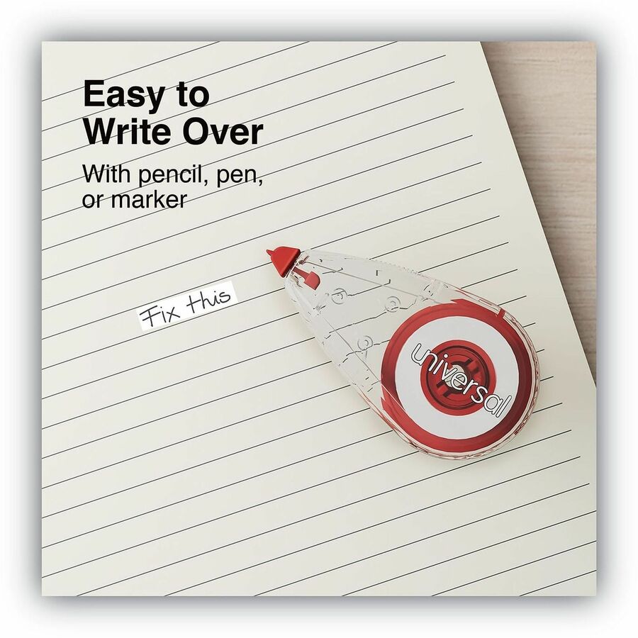Universal Correction Tape - 0.25" Tape Width x 22.92 ft Tape Length - 1 Line(s) - White Tape - Clear, Red Dispenser - Comfortable, Non-refillable, Film-based, Easy to Use - Clear, Red - Plastic, Film - 10 / Pack