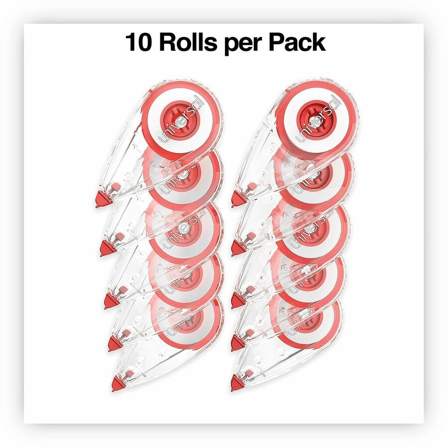 Universal Correction Tape - 0.25" Tape Width x 22.92 ft Tape Length - 1 Line(s) - White Tape - Clear, Red Dispenser - Comfortable, Non-refillable, Film-based, Easy to Use - Clear, Red - Plastic, Film - 10 / Pack