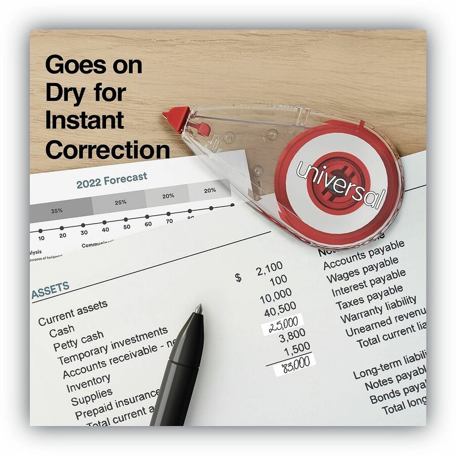 Universal Correction Tape - 0.25" Tape Width x 22.92 ft Tape Length - 1 Line(s) - White Tape - Clear, Red Dispenser - Comfortable, Non-refillable, Film-based, Easy to Use - Clear, Red - Plastic, Film - 10 / Pack