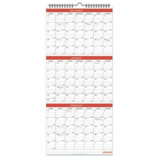 Universal Calendar - Julian Dates - Quarterly - 14 Month - December 2025 to January 2027 - 3 Month Single Page Layout - 12" x 27" Sheet Size - White/Red Sheet - Wire-O - Wall Mount - Three Month Calendar, To-do List, Ruled Daily Block, Printed, Planing...