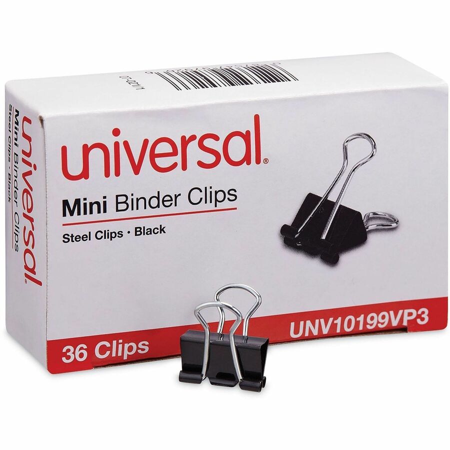Universal Binder Clip Value Pack, Mini, Black/Silver, 36/Box - Mini - 0.6" Width - 0.25" Size Capacity - Black, Silver - Metal, Steel Wire - 36 / Pack