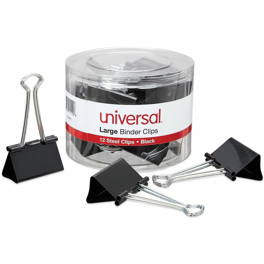 Universal Binder Clips with Storage Tub, Large, Black/Silver, 12/Pack - Large - 2" Width - 1" Size Capacity - Black, Silver - Metal, Steel Wire - 12 / Pack