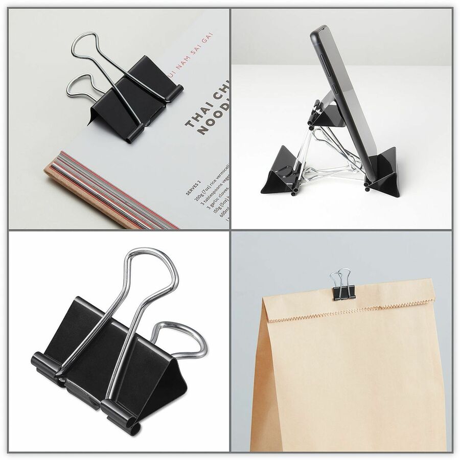 Universal Binder Clips with Storage Tub, Large, Black/Silver, 12/Pack - Large - 2" Width - 1" Size Capacity - Black, Silver - Metal, Steel Wire - 12 / Pack