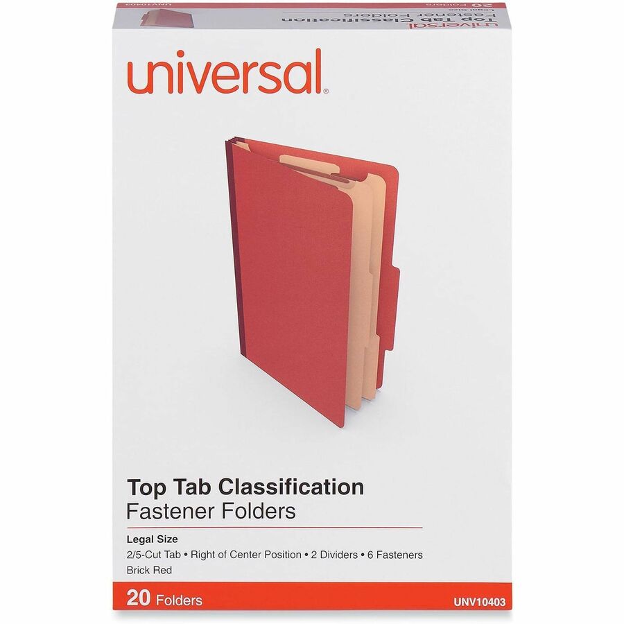 Universal 2/5 Tab Cut Legal Classification Folder - 8 1/2" x 14" - 2 1/2" Expansion - 6 Fastener(s) - 2" Fastener Capacity - Top Tab Location - Right of Center Tab Position - 2 Divider(s) - Brick Red - 20 Box