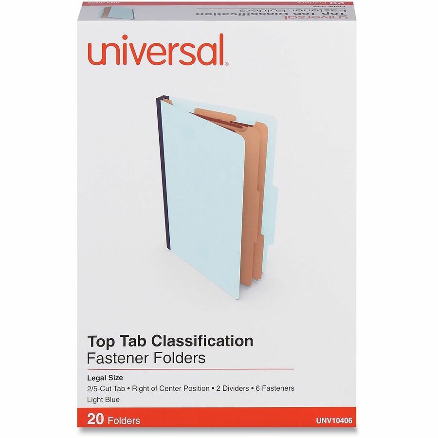 Universal 2/5 Tab Cut Legal Classification Folder - 8 1/2" x 14" - 2 1/2" Expansion - 6 Fastener(s) - 2" Fastener Capacity - Top Tab Location - Right of Center Tab Position - 2 Divider(s) - Light Blue - 20 Box