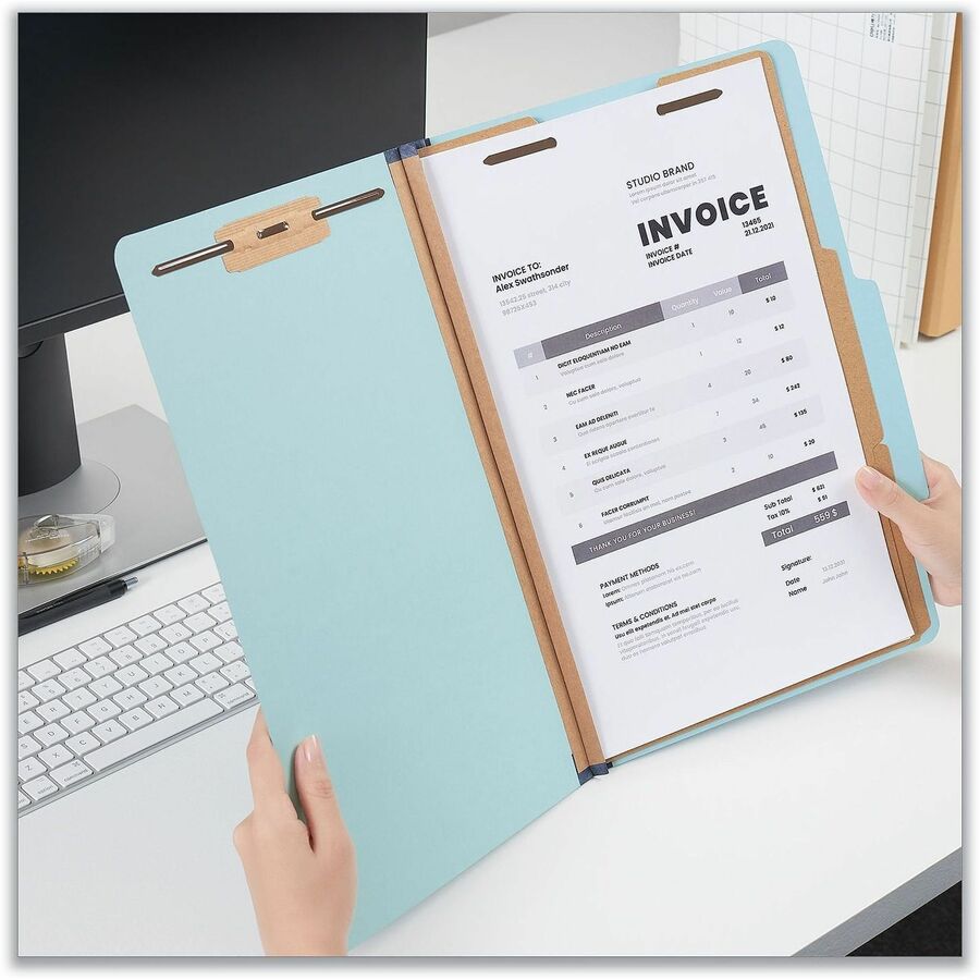 Universal 2/5 Tab Cut Legal Classification Folder - 8 1/2" x 14" - 2 1/2" Expansion - 6 Fastener(s) - 2" Fastener Capacity - Top Tab Location - Right of Center Tab Position - 2 Divider(s) - Light Blue - 20 Box